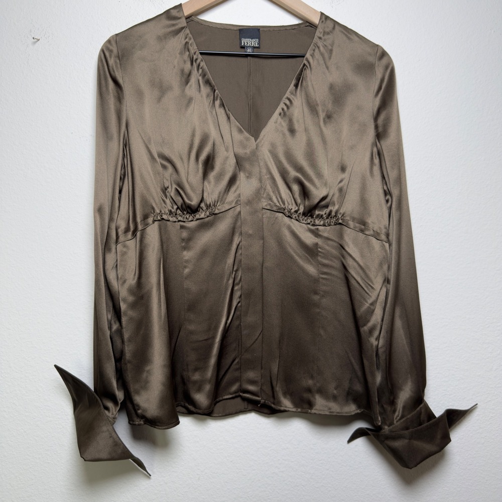 Gianfranco Ferre Women 100% SILK Babydoll Top Medium Brown V-Neck Ruched Luxury